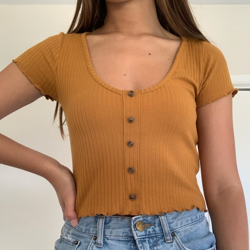 Mustard Button Down Ribbed Top w/ Lettuce Edge Hem